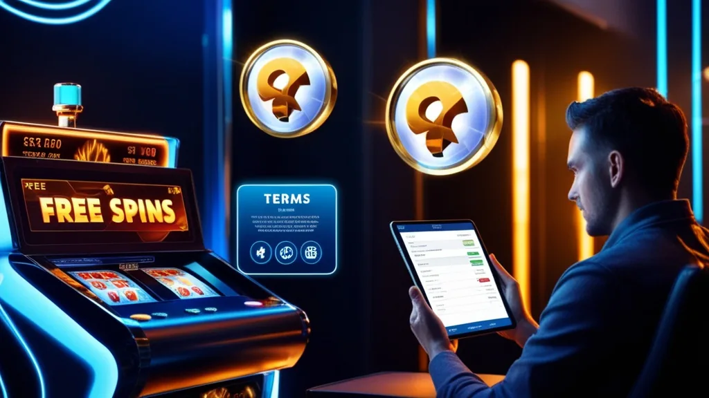 Free spins and wagering rules shown beside a glowing slot machine