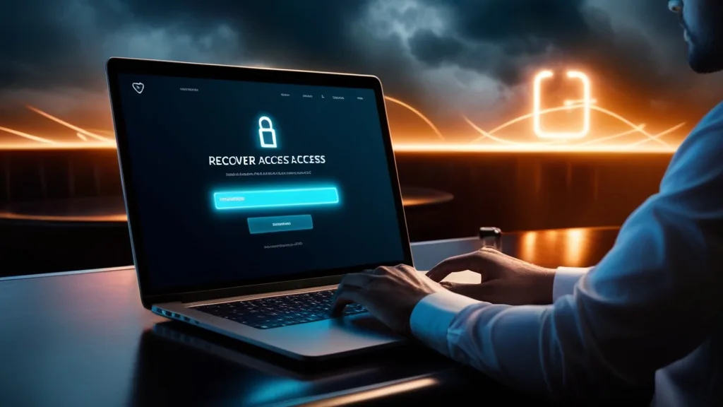 A player recovering login access on a laptop in a dark neon casino setting