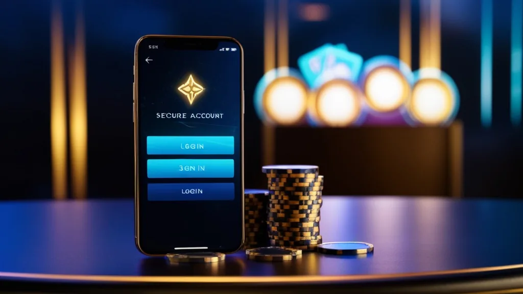 A glowing login screen in a dark casino setting with cards and chips behind it