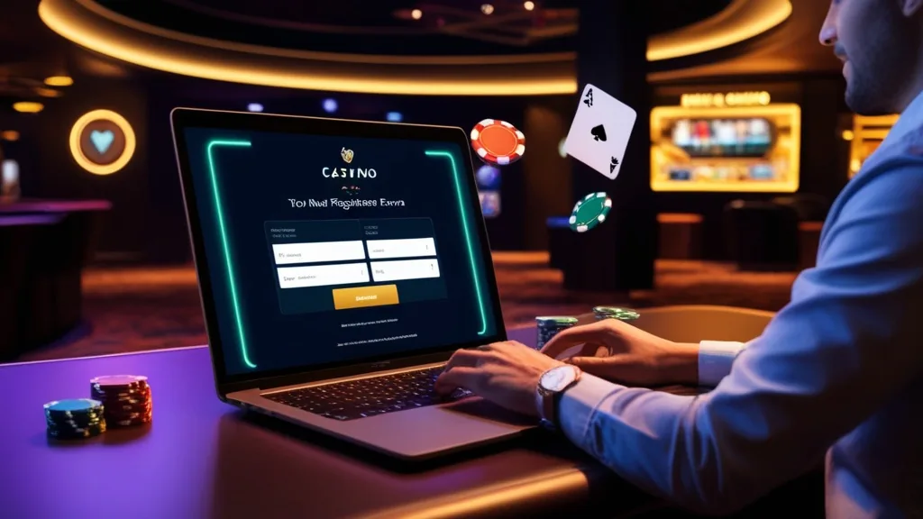 A new player completing a registration form in a neon-lit casino setting